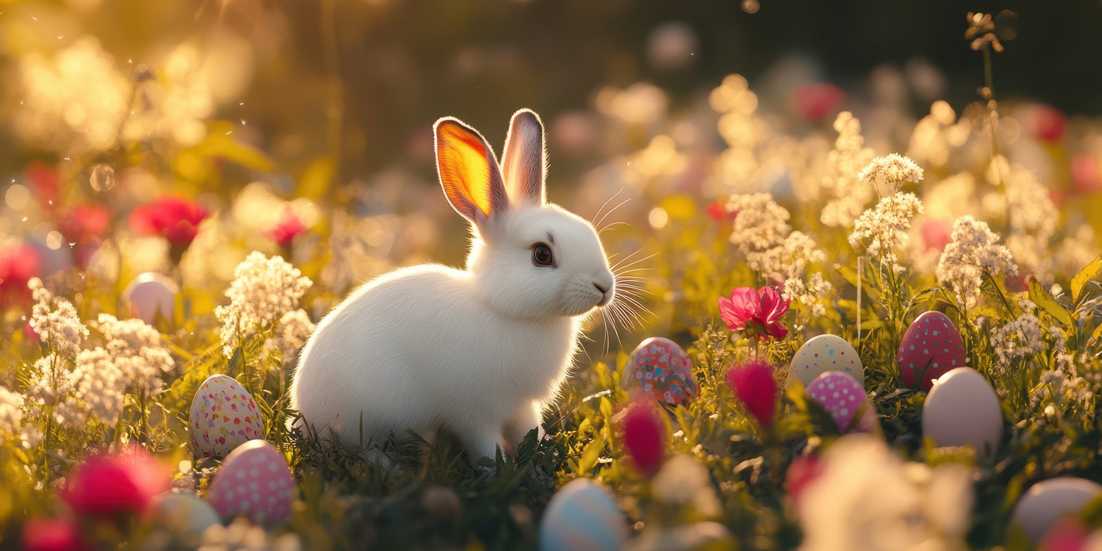 White rabbit sitting among colorful eggs and flowers in a sunlit meadow during springtime celebration